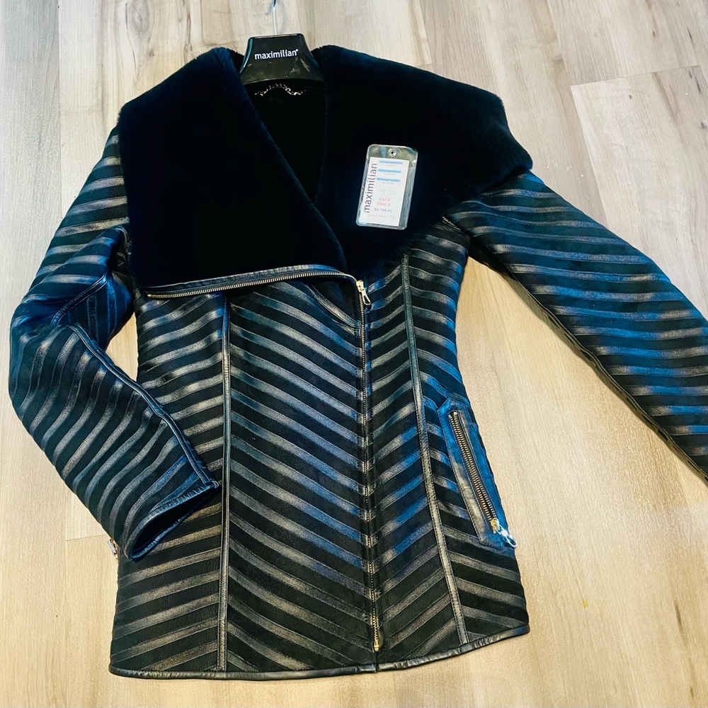 Maximilian Black Shearling Jacket with Leather trim and gold zip